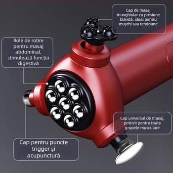 Masaj electric profesional cu trei capete – masaj fascia portabil pentru relaxare și fitness, baterie încorporată, 5 viteze, autonomie 1–3 h