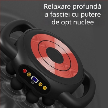Fascia Gun masaj pentru mușchi - 4 capete, motor cu peri, baterie încorporată 1200-2000 mAh, display LCD, 5+ niveluri de viteză (zgomot sub 36 dB)