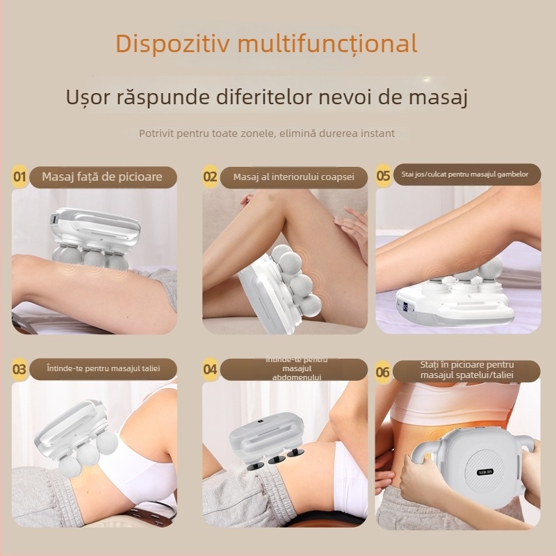 Masaj fascial cu 6 capete, baterie încorporată 2000–4000 mAh, autonomie 6–8 ore, peste 5 trepte de viteză, zgomot sub 36 dB