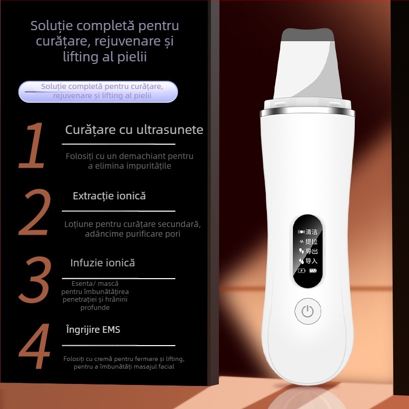 Dispozitiv ultrasonic de curățare facială, eliminare puncte negre, albire și terapie cu ioni, portabil, baterie încorporată 300–500mAh
