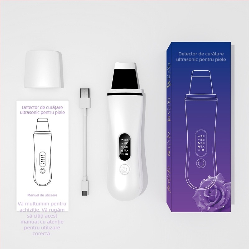 Dispozitiv ultrasonic de curățare facială, eliminare puncte negre, albire și terapie cu ioni, portabil, baterie încorporată 300–500mAh