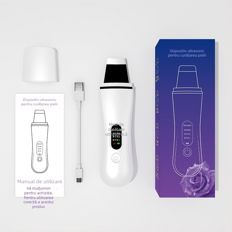 Dispozitiv ultrasonic de curățare facială, eliminare puncte negre, albire și terapie cu ioni, portabil, baterie încorporată 300–500mAh