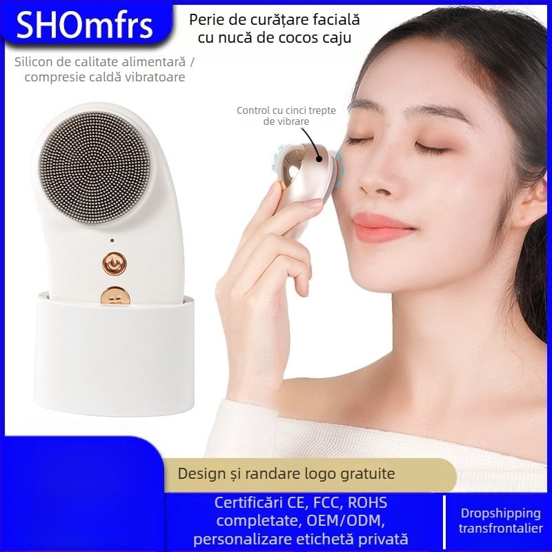 Curățător facial ultrasonic cu design impermeabil, masaj cu vibrații și funcție de compresie caldă pentru curățarea porilor