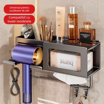 Raft de depozitare pentru uscător de păr cu spațiu integrat pentru prosoape și șervețele – montaj fără găuri, aliaj de aluminiu, sarcină 30 kg