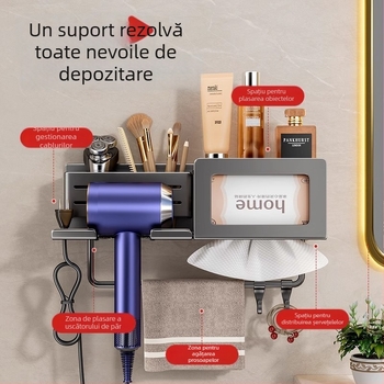 Raft de depozitare pentru uscător de păr cu spațiu integrat pentru prosoape și șervețele – montaj fără găuri, aliaj de aluminiu, sarcină 30 kg