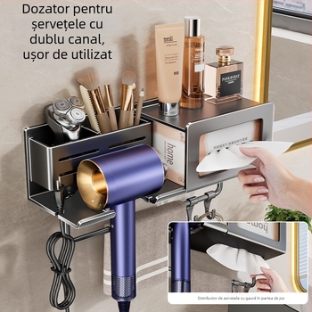Raft de depozitare pentru uscător de păr cu spațiu integrat pentru prosoape și șervețele – montaj fără găuri, aliaj de aluminiu, sarcină 30 kg