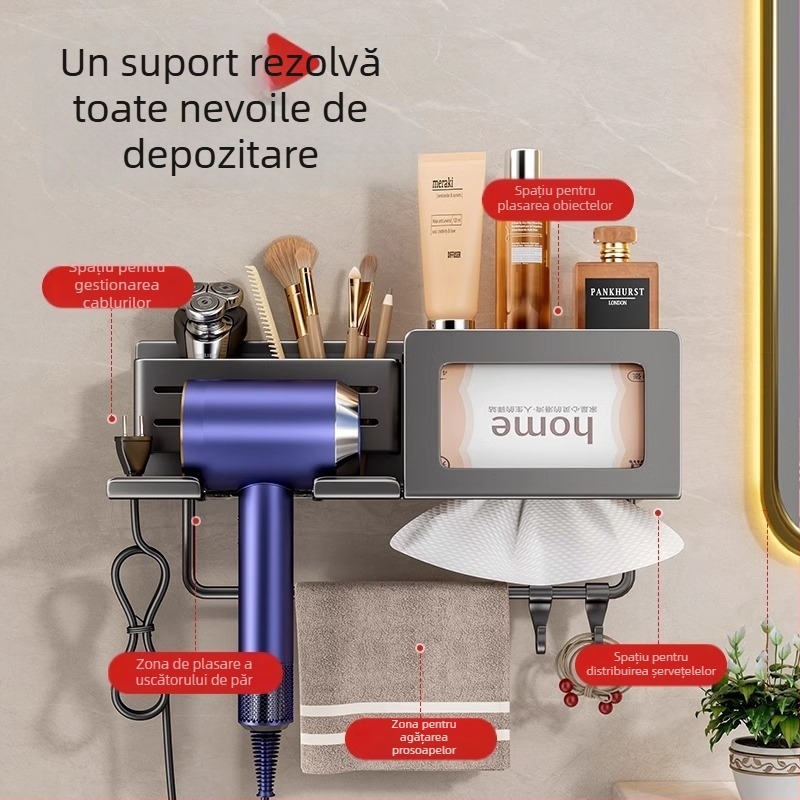 Raft de depozitare pentru uscător de păr cu spațiu integrat pentru prosoape și șervețele – montaj fără găuri, aliaj de aluminiu, sarcină 30 kg