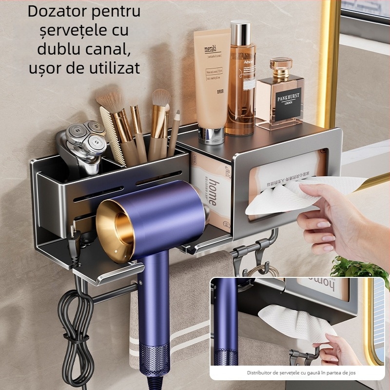 Raft de depozitare pentru uscător de păr cu spațiu integrat pentru prosoape și șervețele – montaj fără găuri, aliaj de aluminiu, sarcină 30 kg