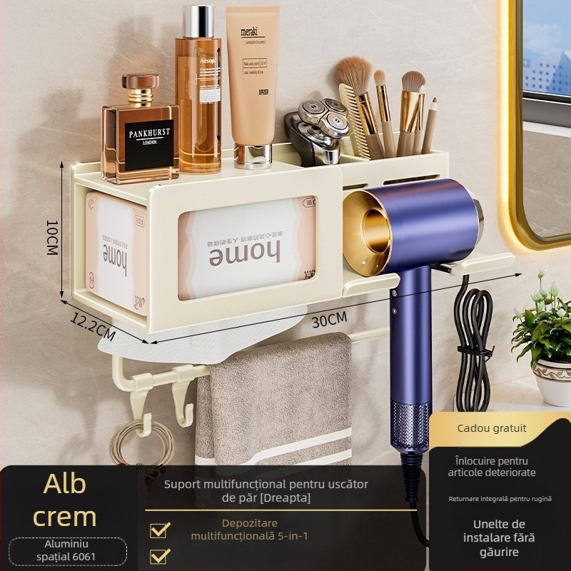 Raft de depozitare pentru uscător de păr cu spațiu integrat pentru prosoape și șervețele – montaj fără găuri, aliaj de aluminiu, sarcină 30 kg