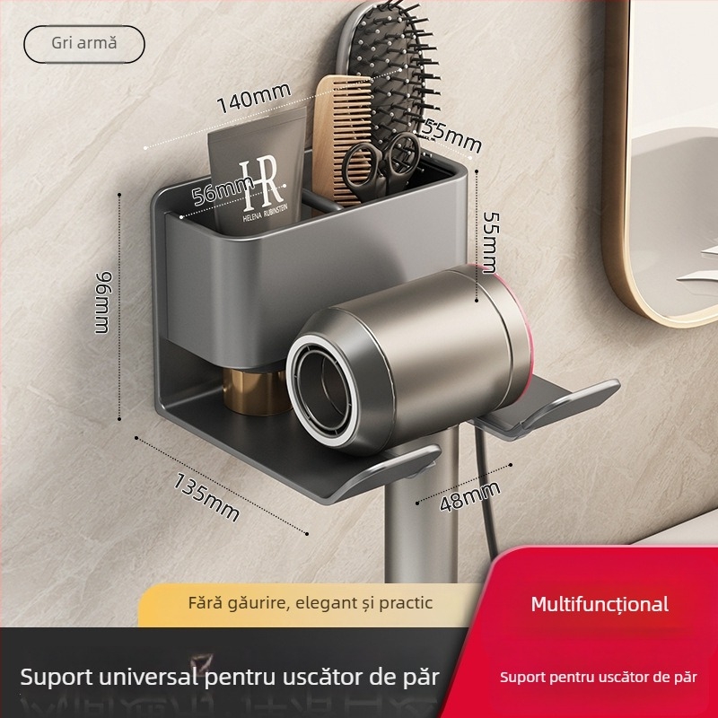 Raft de depozitare pentru uscător de păr cu spațiu integrat pentru prosoape și șervețele – montaj fără găuri, aliaj de aluminiu, sarcină 30 kg