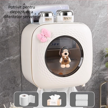 Cutie de șervețele din plastic montată pe perete pentru baie — impermeabilă, multifuncțională, cu compartiment demontabil pentru hârtie