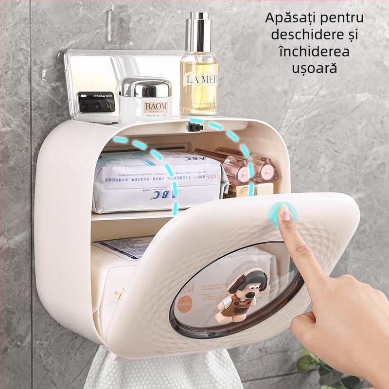 Cutie de șervețele din plastic montată pe perete pentru baie — impermeabilă, multifuncțională, cu compartiment demontabil pentru hârtie