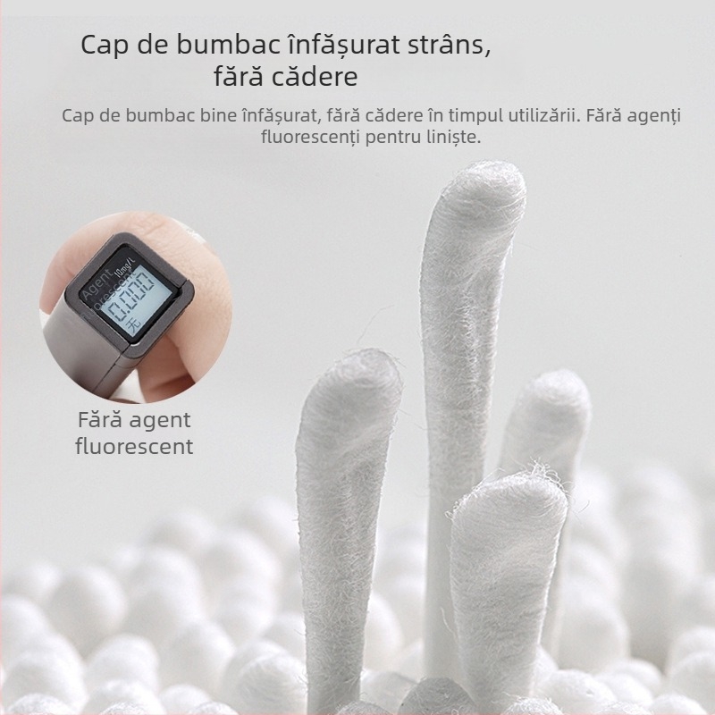 Tamponi de bebeluși din bumbac cu cap de linguriță dublu pentru curățarea urechilor și a nasului — 100% bumbac, strat unic, ambalaj 120 buc