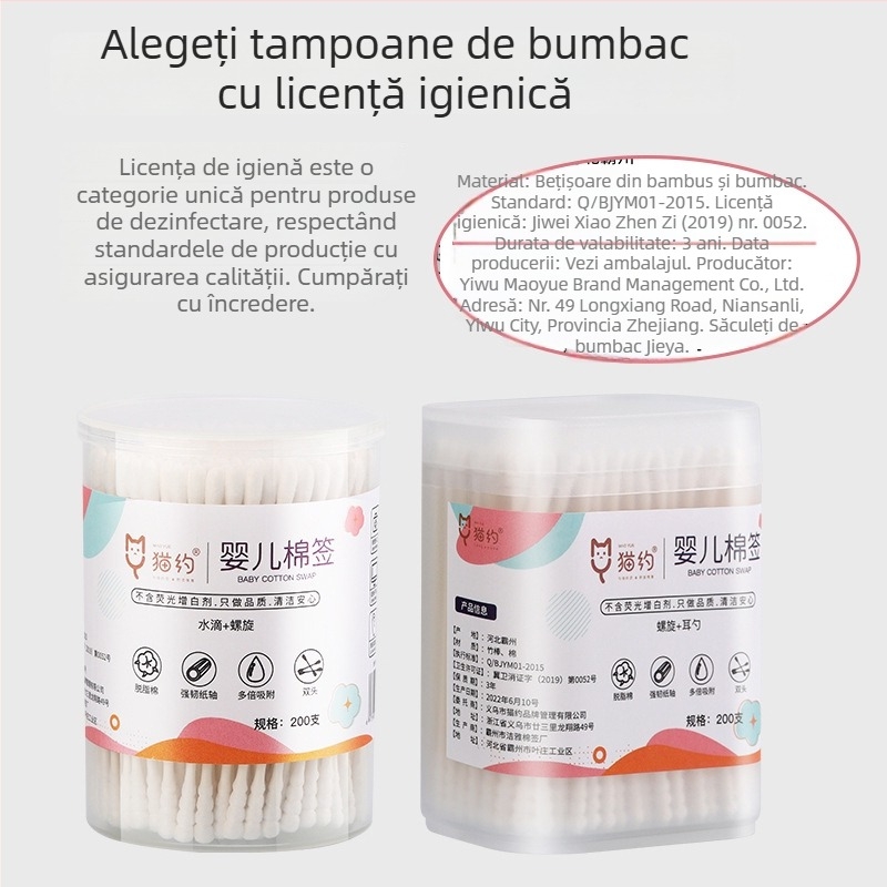 Tamponi de bebeluși din bumbac cu cap de linguriță dublu pentru curățarea urechilor și a nasului — 100% bumbac, strat unic, ambalaj 120 buc