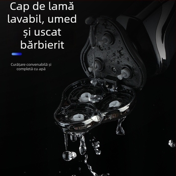 Aparat de ras electric cu cap rotativ cu 3 lame, cap de tăiere detașabil și lavabil, baterie încorporată 300–500 mAh, autonomie 60 de minute, încărcare 1 oră