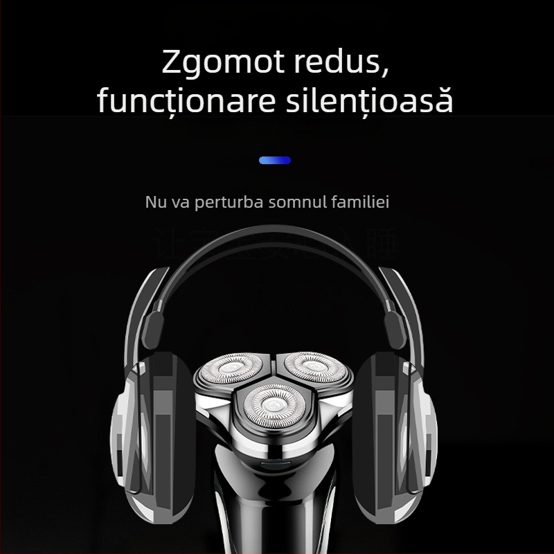 Aparat de ras electric cu cap rotativ cu 3 lame, cap de tăiere detașabil și lavabil, baterie încorporată 300–500 mAh, autonomie 60 de minute, încărcare 1 oră