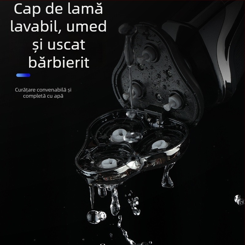 Aparat de ras electric cu cap rotativ cu 3 lame, cap de tăiere detașabil și lavabil, baterie încorporată 300–500 mAh, autonomie 60 de minute, încărcare 1 oră