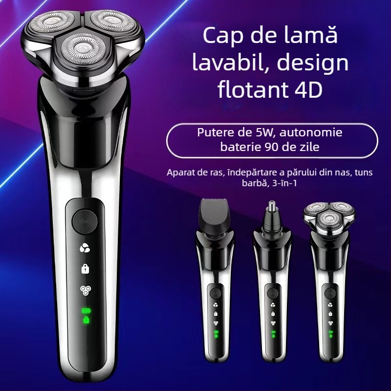 Aparat de ras electric cu cap rotativ cu 3 lame, cap de tăiere detașabil și lavabil, baterie încorporată 300–500 mAh, autonomie 60 de minute, încărcare 1 oră