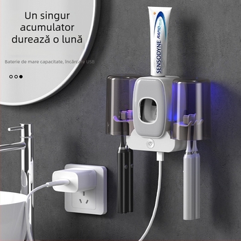 Suport de periuțe de dinți montat pe perete, cu dezinfectare UV, presor de pastă și spațiu dublu pentru pahare, din plastic