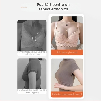 Sutien dantelat cu cupa 3/4, model de susținere, formare siluetă (varf subțire, bază mai lată), bretele fixe duble, închidere la spate cu cinci rânduri de cârlige