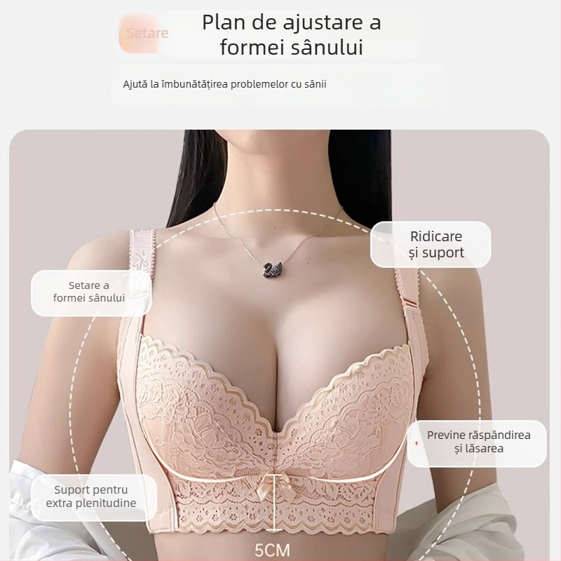 Sutien dantelat cu cupa 3/4, model de susținere, formare siluetă (varf subțire, bază mai lată), bretele fixe duble, închidere la spate cu cinci rânduri de cârlige