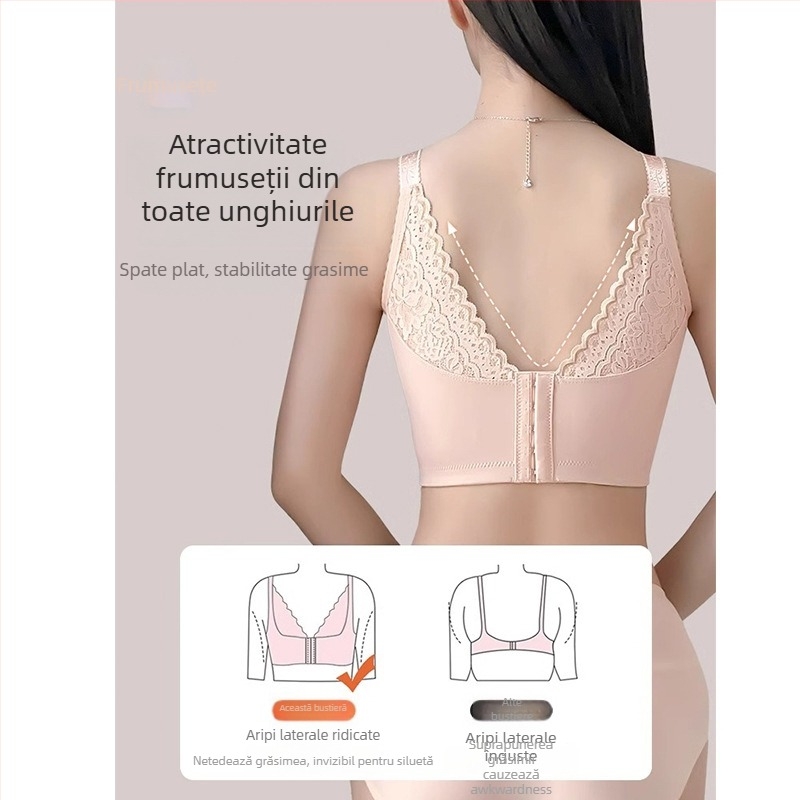 Sutien dantelat cu cupa 3/4, model de susținere, formare siluetă (varf subțire, bază mai lată), bretele fixe duble, închidere la spate cu cinci rânduri de cârlige