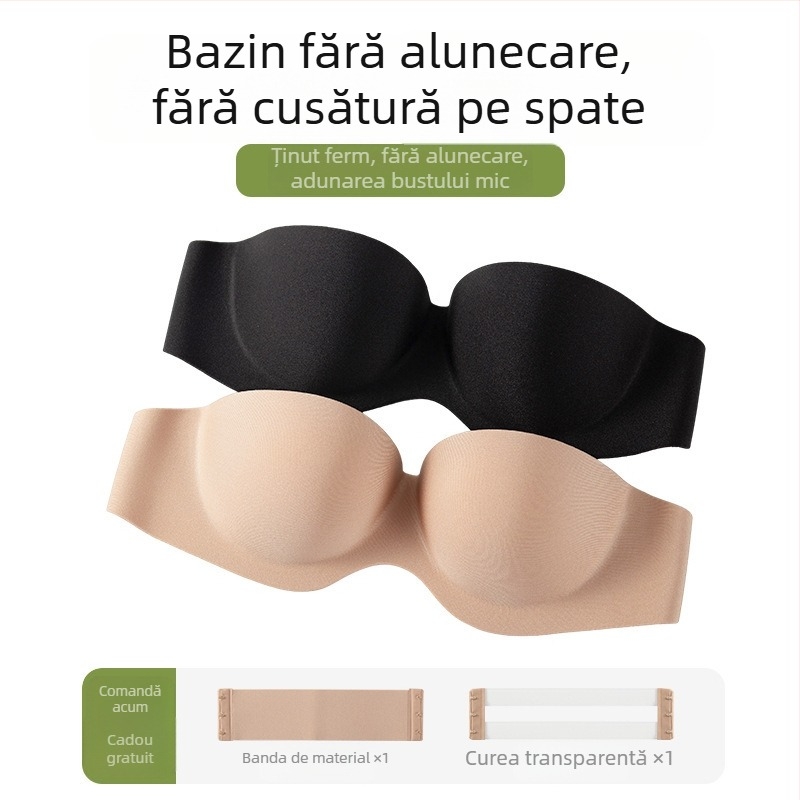 Sutien fără bretele push-up invizibil cu închidere la spate, cupă 3/4, model cu partea superioară subțire și partea inferioară mai groasă, 85% nylon, 15% spandex, inel metalic