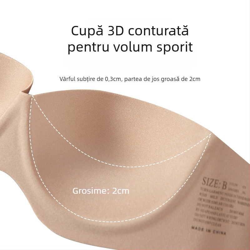 Sutien fără bretele push-up invizibil cu închidere la spate, cupă 3/4, model cu partea superioară subțire și partea inferioară mai groasă, 85% nylon, 15% spandex, inel metalic