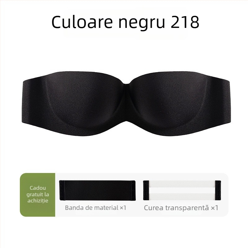 Sutien fără bretele push-up invizibil cu închidere la spate, cupă 3/4, model cu partea superioară subțire și partea inferioară mai groasă, 85% nylon, 15% spandex, inel metalic