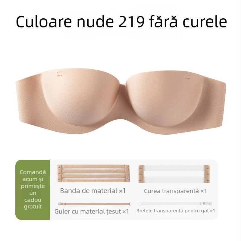 Sutien fără bretele push-up invizibil cu închidere la spate, cupă 3/4, model cu partea superioară subțire și partea inferioară mai groasă, 85% nylon, 15% spandex, inel metalic
