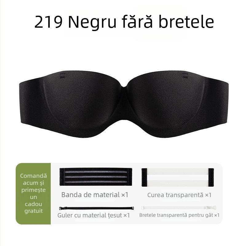 Sutien fără bretele push-up invizibil cu închidere la spate, cupă 3/4, model cu partea superioară subțire și partea inferioară mai groasă, 85% nylon, 15% spandex, inel metalic