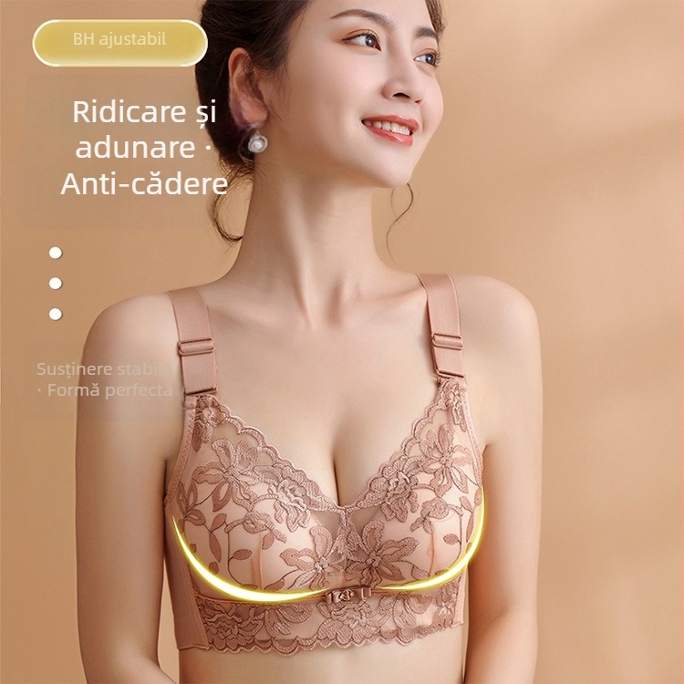 Sutien feminin fără sârmă, respirant, broderie dantelată, push-up, reglabil