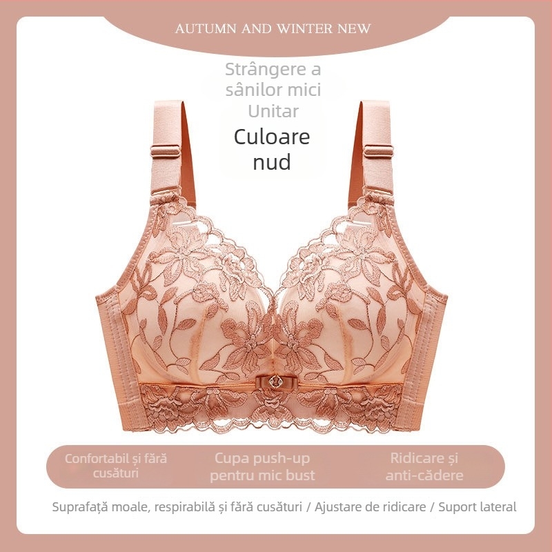 Sutien feminin fără sârmă, respirant, broderie dantelată, push-up, reglabil