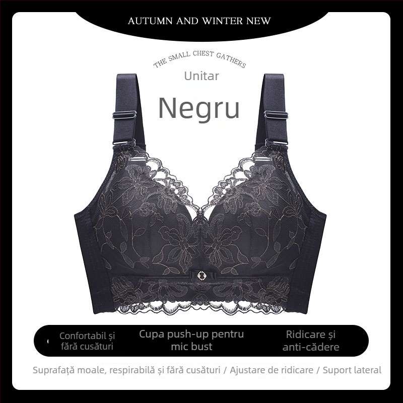 Sutien feminin fără sârmă, respirant, broderie dantelată, push-up, reglabil