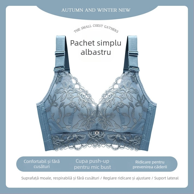 Sutien feminin fără sârmă, respirant, broderie dantelată, push-up, reglabil