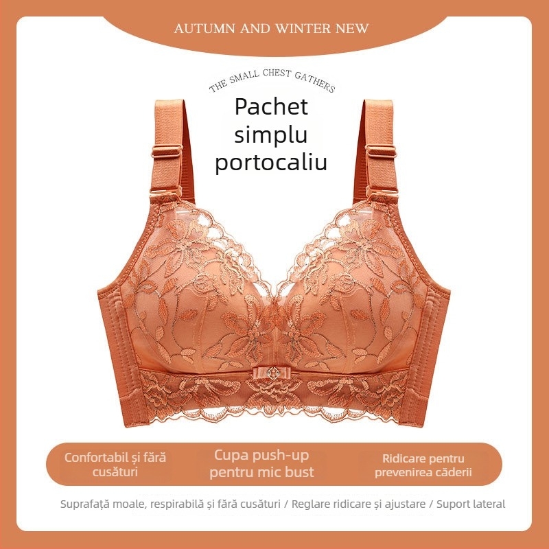 Sutien feminin fără sârmă, respirant, broderie dantelată, push-up, reglabil
