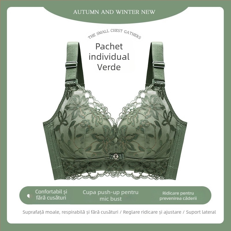 Sutien feminin fără sârmă, respirant, broderie dantelată, push-up, reglabil