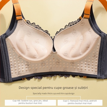 Sutien cu cupă 3/4, cupe modelate (superioare subțiri, inferioare mai late), bretele fixe duble, închidere la spate cu cinci rânduri de cârlige