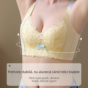 Sutien cu cupă 3/4, cupe modelate (superioare subțiri, inferioare mai late), bretele fixe duble, închidere la spate cu cinci rânduri de cârlige