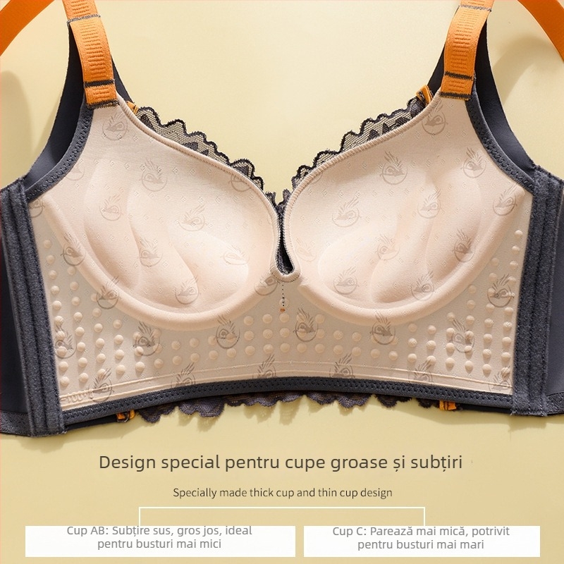 Sutien cu cupă 3/4, cupe modelate (superioare subțiri, inferioare mai late), bretele fixe duble, închidere la spate cu cinci rânduri de cârlige