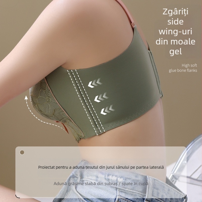 Sutien cu cupă 3/4, cupe modelate (superioare subțiri, inferioare mai late), bretele fixe duble, închidere la spate cu cinci rânduri de cârlige