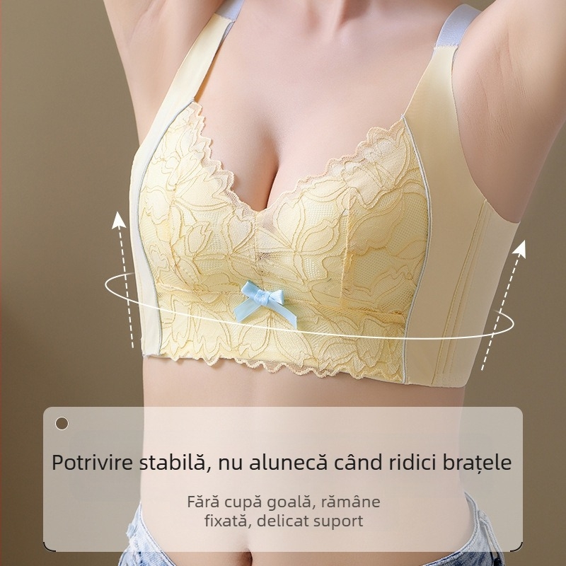 Sutien cu cupă 3/4, cupe modelate (superioare subțiri, inferioare mai late), bretele fixe duble, închidere la spate cu cinci rânduri de cârlige