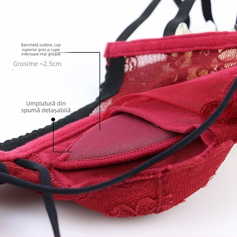 Set de sutiene din dantelă, cupa 3/4, cupe turnate subțiri, bretele fixe dublu, închidere spate cu trei rânduri de cârlige