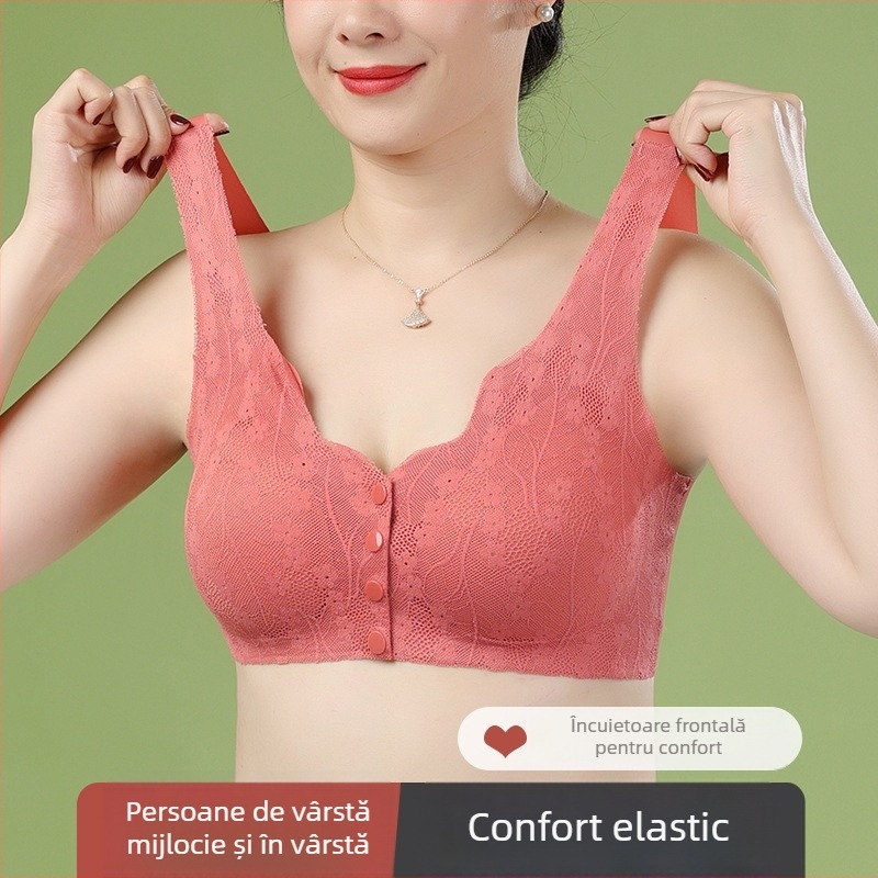Sutien fără sârmă cu închidere frontală și dantelă, stil bustieră, cupă 3/4, formare medie, material nylon