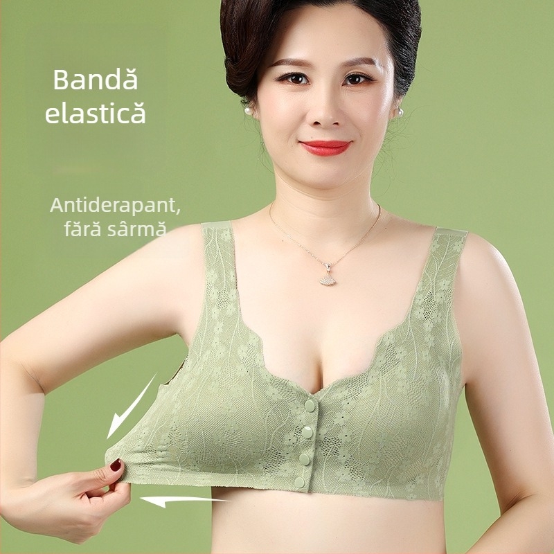 Sutien fără sârmă cu închidere frontală și dantelă, stil bustieră, cupă 3/4, formare medie, material nylon