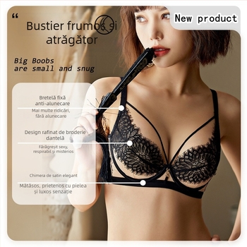 Sutien din dantelă în stil franțuzesc, cu inel metalic, cupe subțiri modelate, închidere la spate cu trei rânduri de carlige, bretele fixe dublu