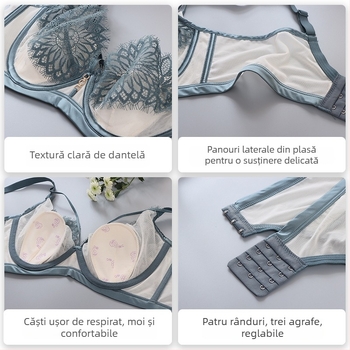 Sutien din dantelă în stil franțuzesc, cu inel metalic, cupe subțiri modelate, închidere la spate cu trei rânduri de carlige, bretele fixe dublu