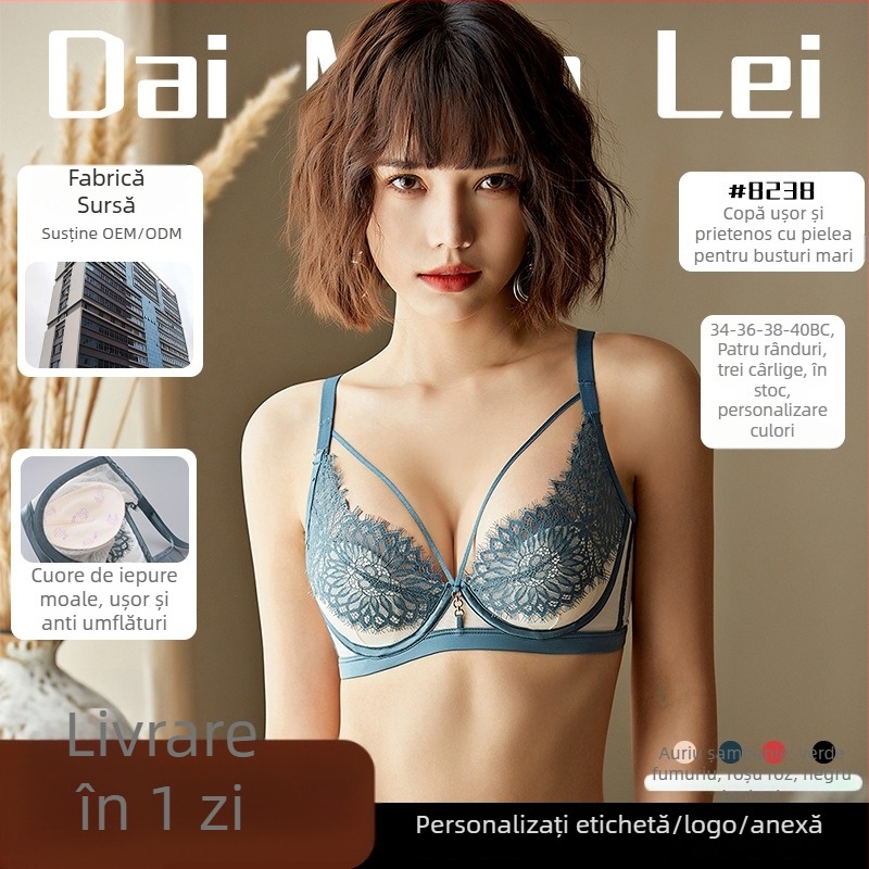 Sutien din dantelă în stil franțuzesc, cu inel metalic, cupe subțiri modelate, închidere la spate cu trei rânduri de carlige, bretele fixe dublu