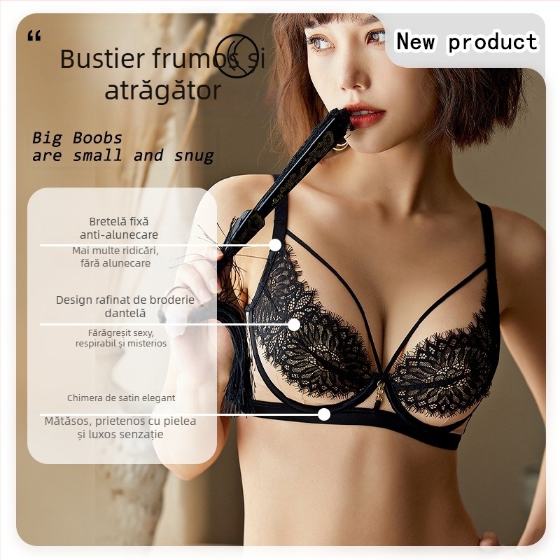 Sutien din dantelă în stil franțuzesc, cu inel metalic, cupe subțiri modelate, închidere la spate cu trei rânduri de carlige, bretele fixe dublu