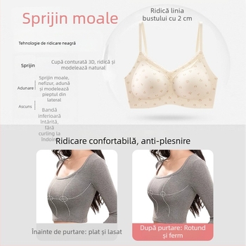 Sutien fără sârmă, cu dantelă florală mică, fără cusături, cupă 3/4 cu formă medie, bretele fixe, închidere spate cu patru rânduri de cârlige